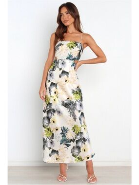 Petal & Pup White Floral Maxi Slip Dress with Green/yellow/gray Accents